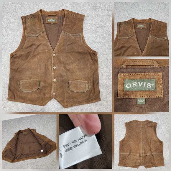 Orvis Mens L Large Genuine Suede Leather Waistcoat Western Brown Vest Wax Jacket